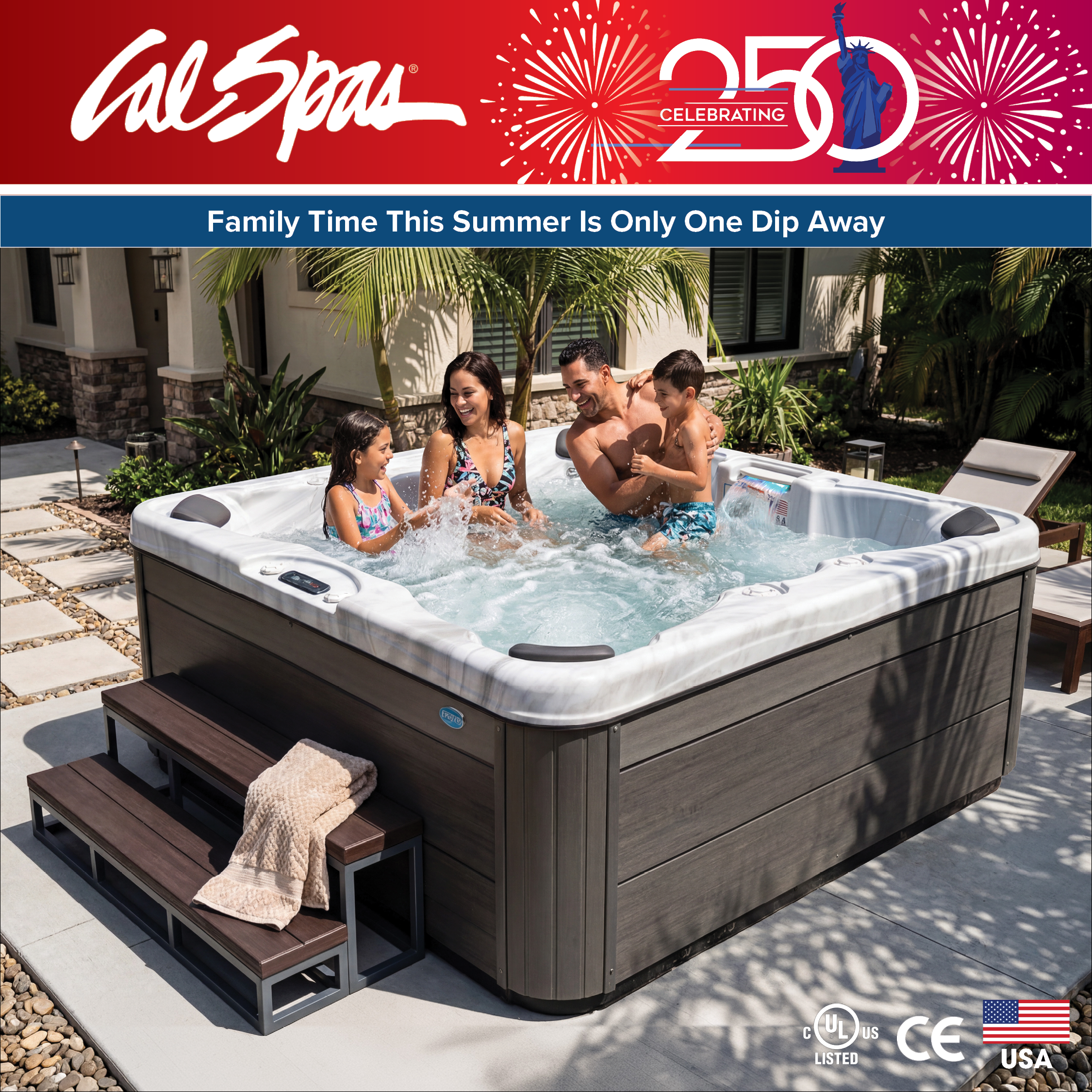 Calspas hot tub being used in a family setting - Bordeaux